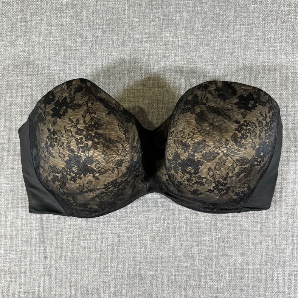 Curvy Couture Strapless Bra Women 44H Black Floral Lace Underwire D1211 Support